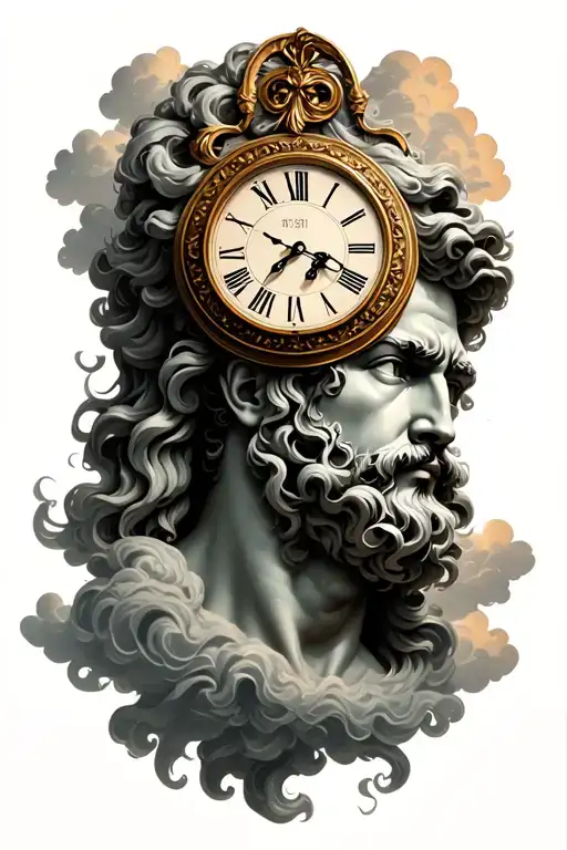 zeus face whole arm, clouds and strands, antique roman numerals clock with time 15:11 and family tattoo design idea