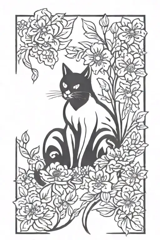 black cat sitting in flowers tattoo design idea
