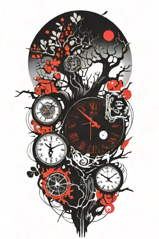 oak tree branches with three round clocks integrated into it for an arm sleeve tattoo design idea