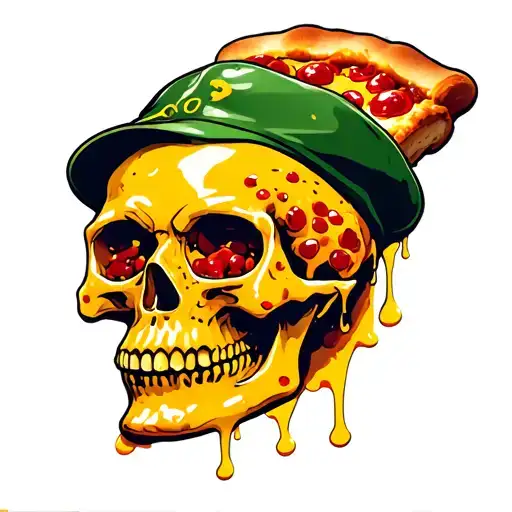 melting cheesey pizza skull with peparoni tattoo design idea