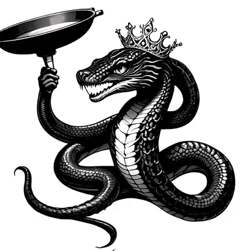 cobra wearing a tiara swinging a frying pan flying tattoo design idea