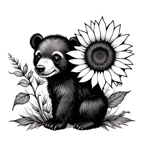 cute bear cub and sunflower tattoo design idea