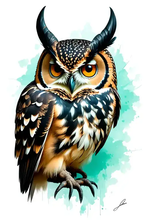 Horned owl with large eyes black with pops of dark greens and teal color  tattoo design idea