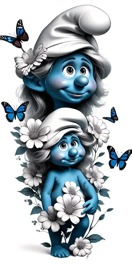 mama smurf and baby smurf with flowers and butterflies  tattoo design idea