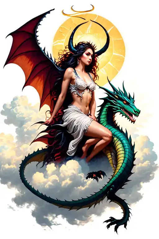 beautiful devil woman with halo riding dragon above the clouds with sun shinning  tattoo design idea