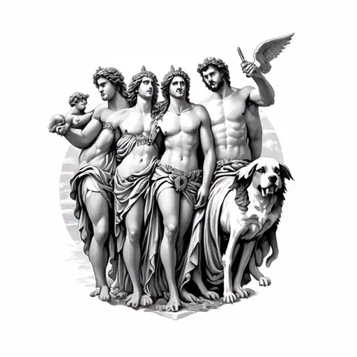 Arm tattoo of the Greek gods Poseidon, Ares, Athena, Aphrodite with Cupid, and Hades with Cerberus altogether  tattoo design idea