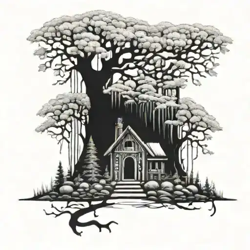 A mystical forest scene with a hidden library nestled among the trees tattoo design idea