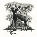 A mystical forest scene with a hidden library nestled among the trees tattoo design idea