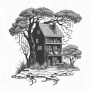 A mystical forest scene with a hidden library nestled among the trees tattoo design idea