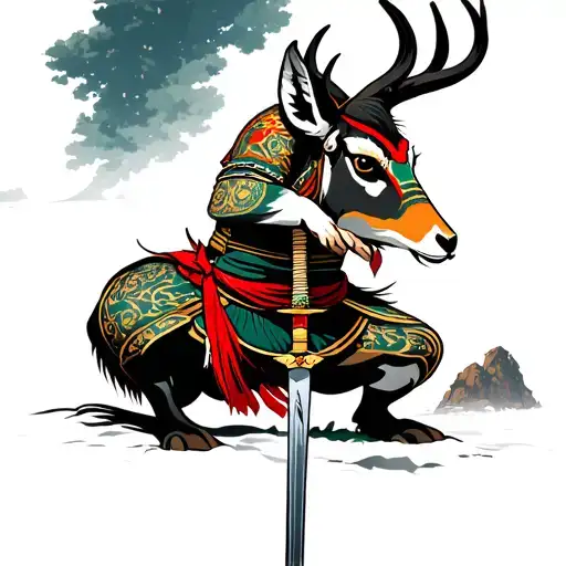 springbok samurai warrior praying with the sword. add samurai towers and South African culture in the background tattoo design idea