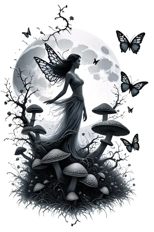 A mystical moonlit forest with fairy silhouettes dancing among mushroom clusters, vines, and butterflies in a black-grey style tattoo design idea