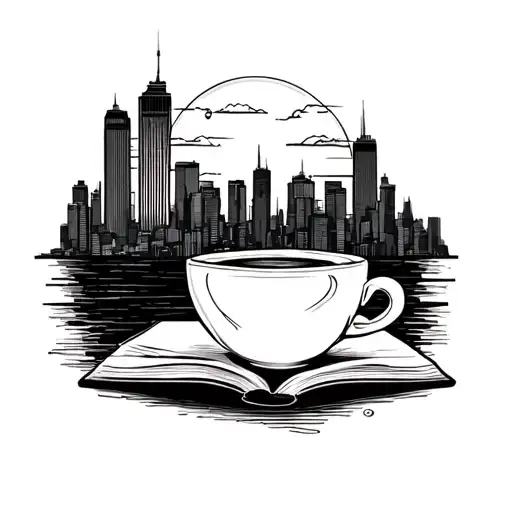 sunrise, citysky line, sunrise, coffee cup, book open tattoo design idea