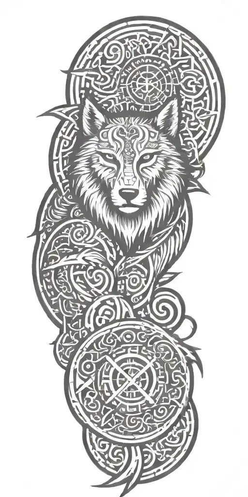 viking symbols, runes, ornaments, odins wolfs tattoo design idea