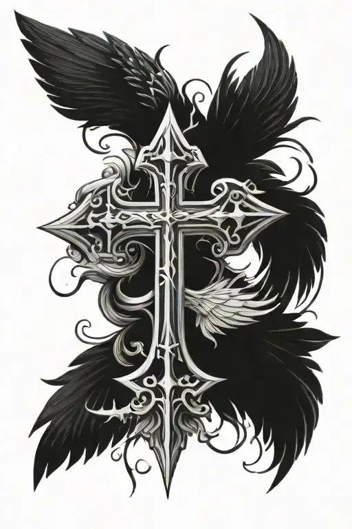cross and big angle wings tattoo design idea