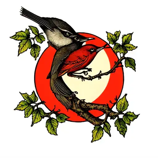 willow tree with wren head and scarlett moon tattoo design idea