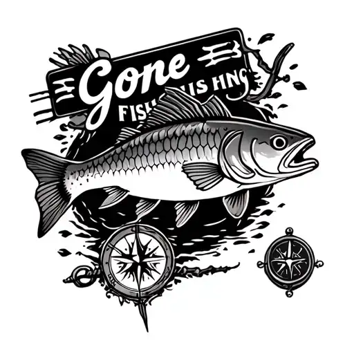 pike, 'gone fishing' sign, and compass tattoo design idea