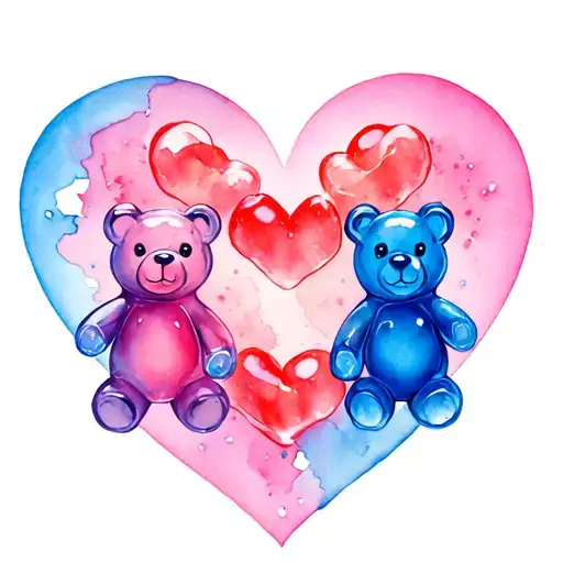 One small pink gummy bear and one small blue gummy bear inside of a heart tattoo design idea