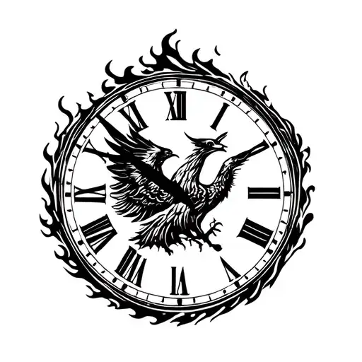 Clock burning with phoenix tattoo design idea