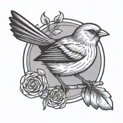 simple line canary bird with circle frame tattoo design idea