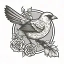 simple line canary bird with circle frame tattoo design idea