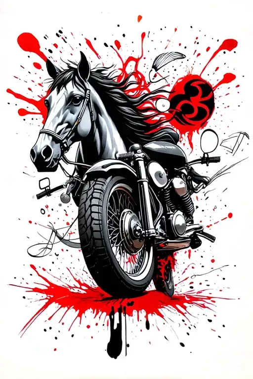 Open book, motorcycle/tire, triskele, dancer with horse head, whip, mountains, footprint, music, running tattoo design idea