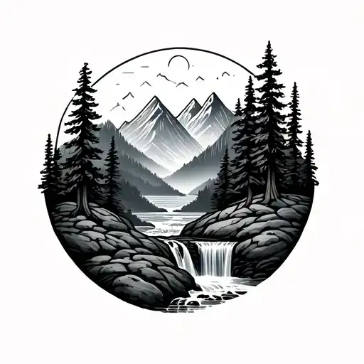 All black/grey tattoo, mountains, trees ,waterfalls within a compas simple line design tattoo design idea