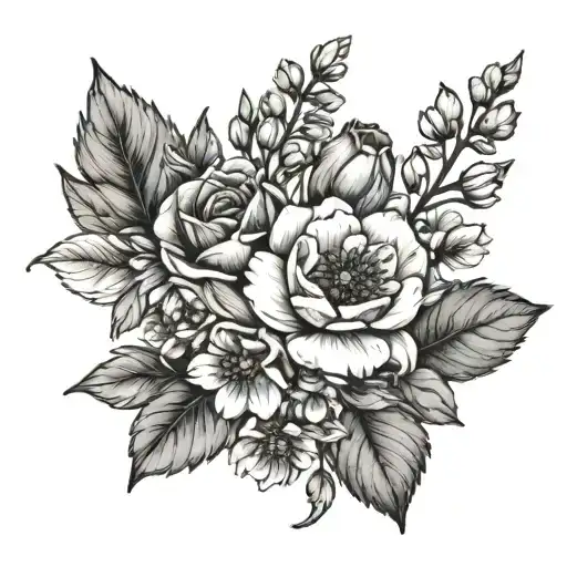 small and dainty birth flower bouquet, February, May, June, July, November tattoo design idea