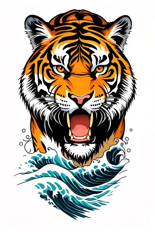 tiger with waves crashing tattoo design idea