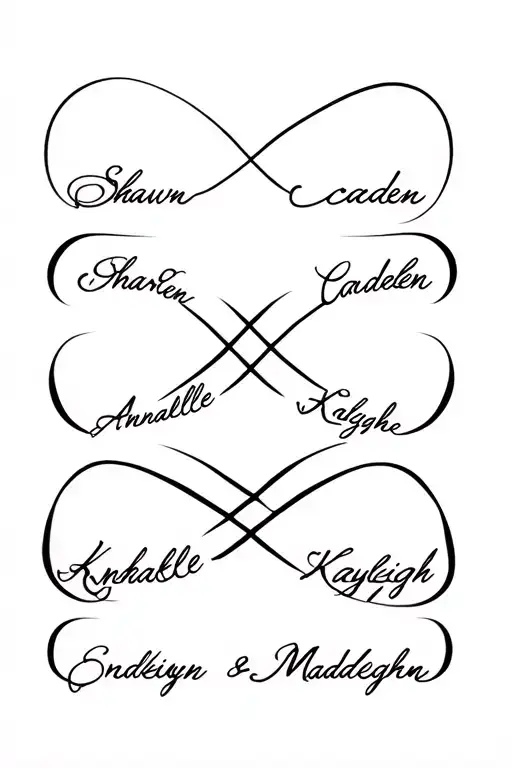 infinity symbol with the names Shawn Caden Annabelle Kayleigh and Madelyn in corporated tattoo design idea