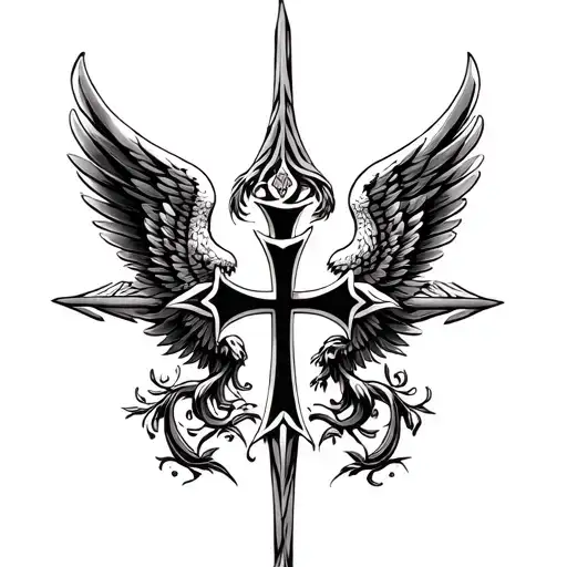 feminine Maltese cross with pheonix wings in black tattoo design idea