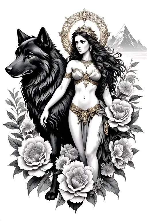 Athena Aries sexy goddess surrounded by poeny flowers and black wolf with mountains  tattoo design idea