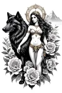 Athena Aries sexy goddess surrounded by poeny flowers and black wolf with mountains  tattoo design idea