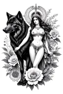 Athena Aries sexy goddess surrounded by poeny flowers and black wolf with mountains  tattoo design idea