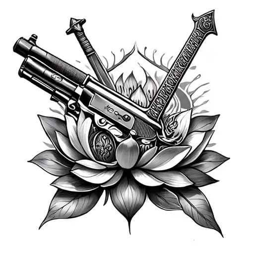 tumbi (Muscial instrument) and 1911 gun intertwined with a lotus and maharaja ranjit singh's sword tattoo design idea