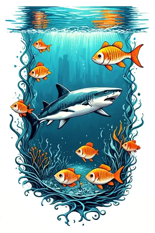 ocean floor with shark and fish tattoo design idea