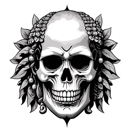 Skull in the middle, on the sides of the head of the Buddha and Rasta, everything is fulfilled in the style of combining oldskull and Vaporveive tattoo design idea