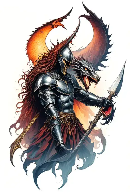 Overthinking knight fighting demons tattoo design idea