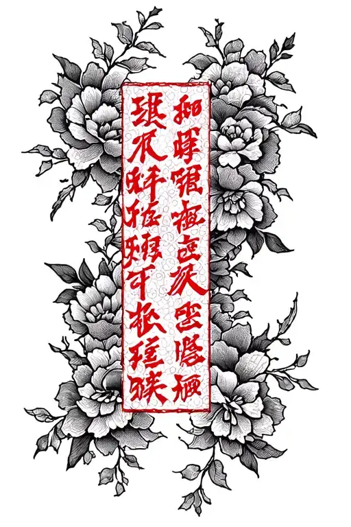 long spine tattoo saying love yourself and put you first in red Chinese letters with traditional vines and flowers tattoo design idea