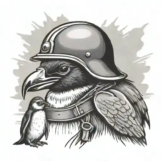 Cute penguin with u.s Vietnam war solider helmet, dog tags around neck no writing in dog tags, dates 11/11/1942-09/22/20 tattoo design idea