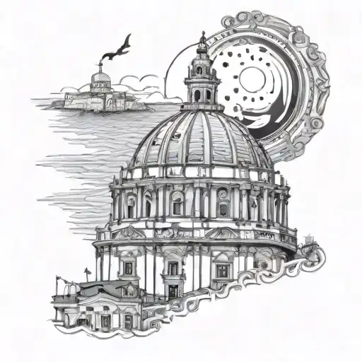 valetta cupola dome, Maltese balconies, boats and the sea with the sun and moon tattoo design idea