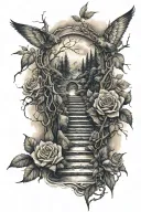 rose, thorn, forest, heaven, stairs, water, mountain, brother tattoo design idea