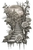 rose, thorn, forest, heaven, stairs, water, mountain, brother tattoo design idea