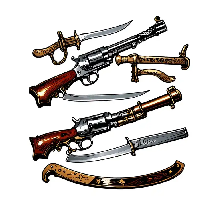 guns and melee weapons tattoo flash tattoo design idea
