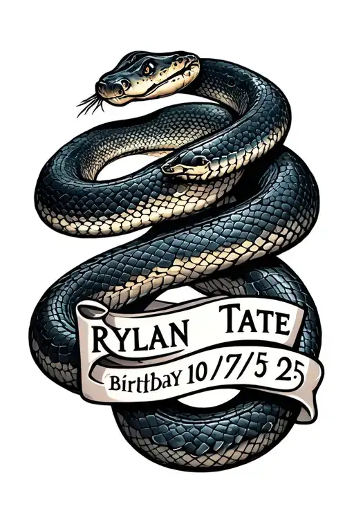the name Rylan Tate and birthday 10/17/25 incorporated into a tattoo of a snake tattoo design idea