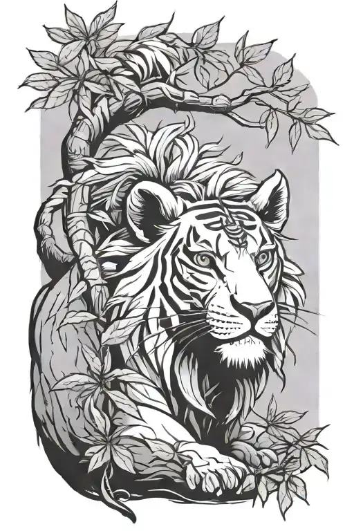 Rafiki holding up simba with a japanese maple plant in the background  tattoo design idea