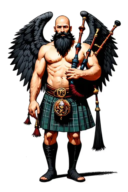 legless shirtless muscular bagpiper bald black beard playing bagpipes huge black wings black background tattoo design idea