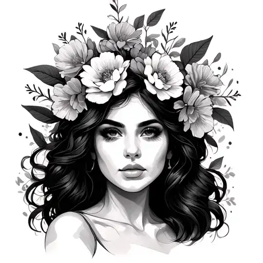 plus size woman line drawing with flowers coming out of her head tattoo design idea