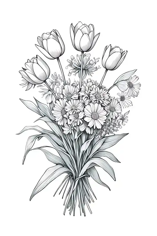 Bouquet of tulips, evergreen rapeseed, asters, carnations individually tattoo design idea