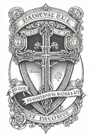 A simple, oval-shaped shield with a cross inside, with the bible verse Romans 8:38-39 on the cross. tattoo design idea