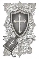 A simple, oval-shaped shield with a cross inside, with the bible verse Romans 8:38-39 on the cross. tattoo design idea